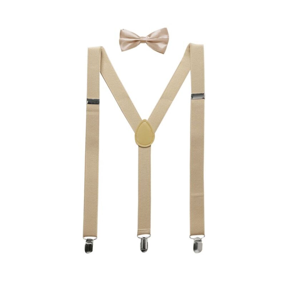 Elastic Adjustable Shoulder Strap Y Shaped Bow Tie and Suspenders Set Beige